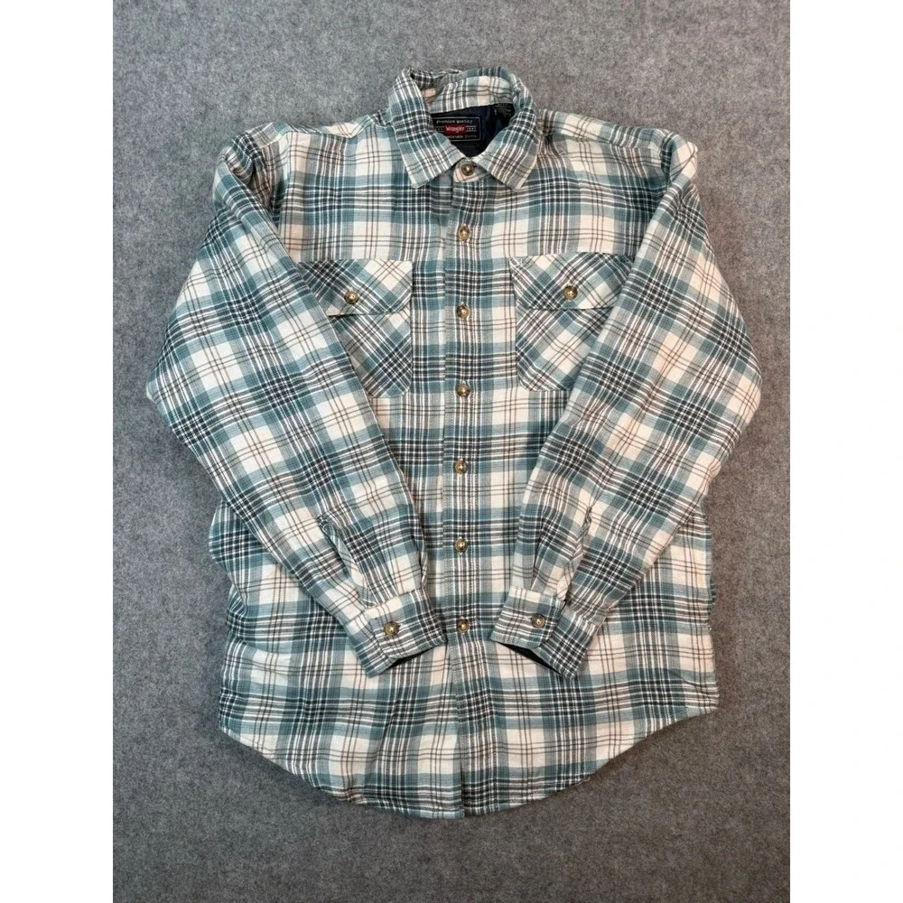 Wrangler Mens Quilted Flannel Shirt Jacket Teal White Plaid Cotton Size S